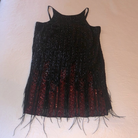 Parker Black Red Beaded Mini Dress Feathers XS - Picture 2 of 7